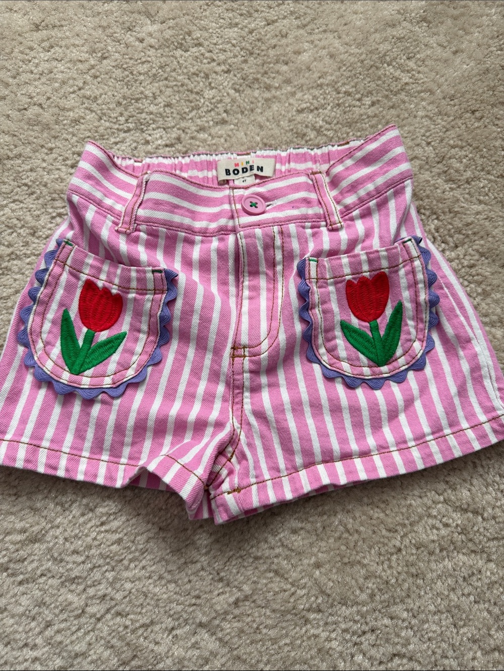 Mini Boden Pink & White Striped Tulip Pocket Shorts